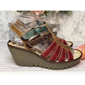 Fly London Woman's Platform Multi Wedge Heels‎ Ankle Strap Size 36/5.5 NWOT